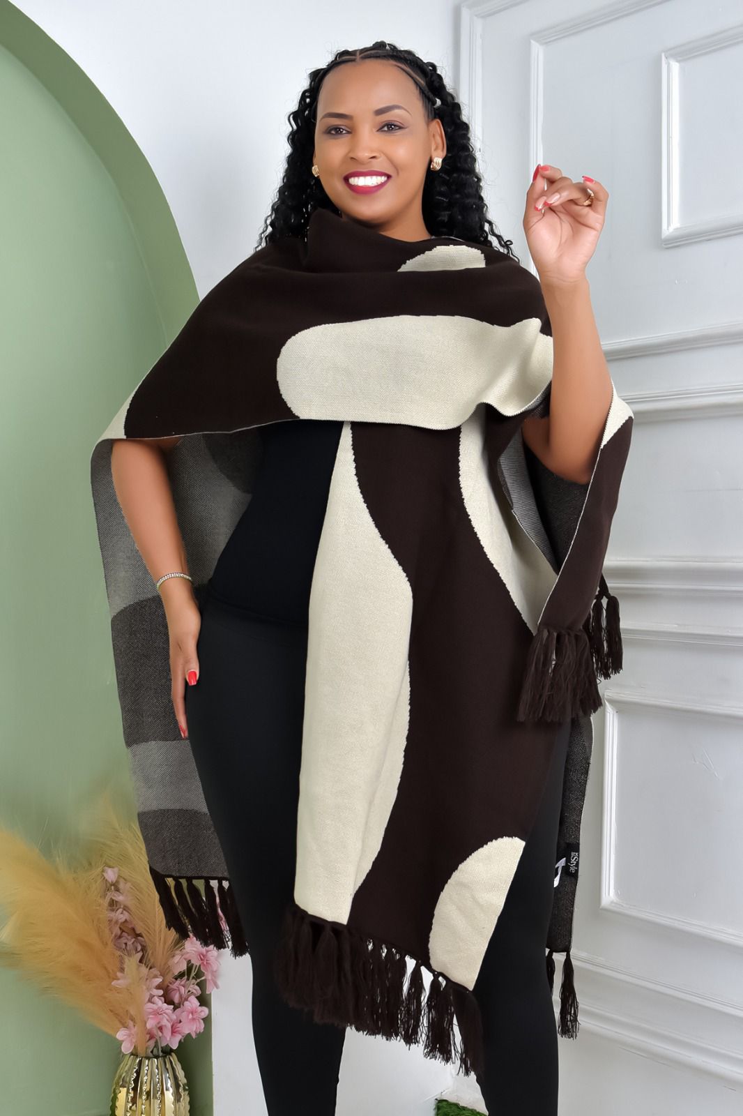 Black & Cream Patterned Poncho with Tassel Hem