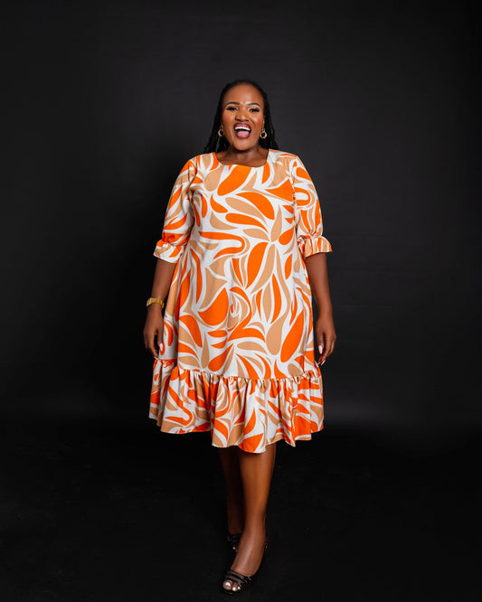 Bright Orange & Beige Printed Short Dress with Half Sleeves & Ruffled Hem