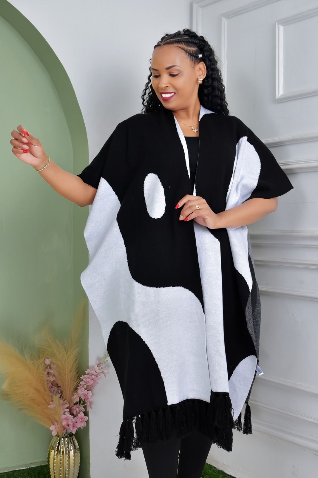 Black & White Patterned Poncho with Tassel Hem