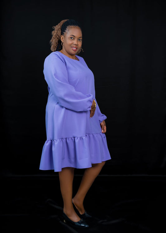 Purple Ruffle Dress with Long Sleeves & Flowy Hem