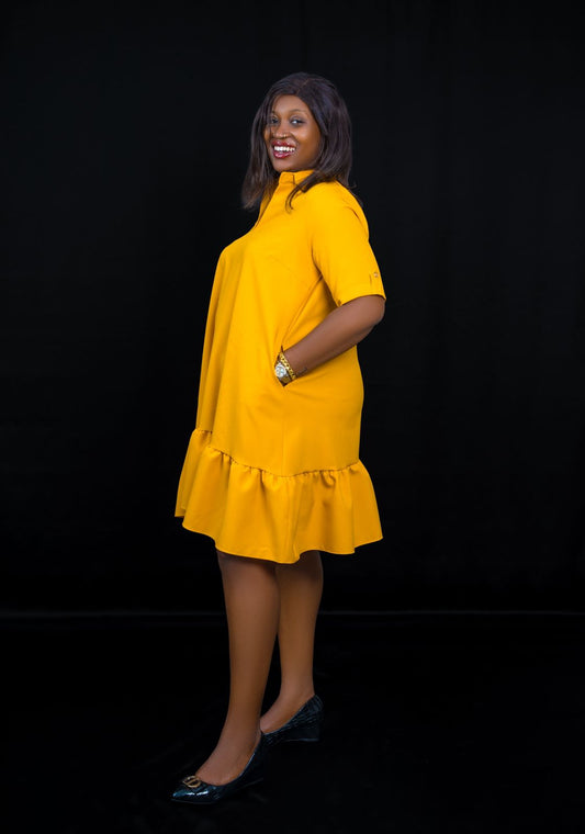 Radiant Mustard-Yellow Flared Dress with Ruffle Hem