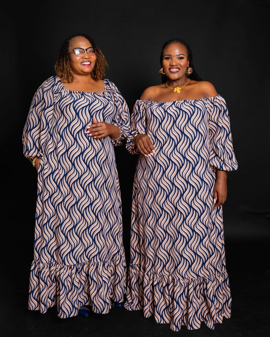 Elegant Navy Blue & Beige Maxi Dresses with Wavy Print, Ruffled Hem & Puff Sleeves