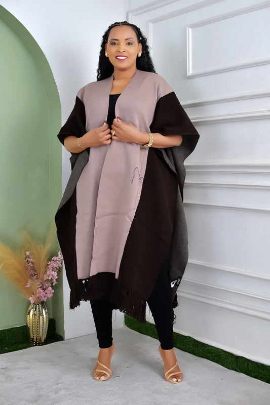 Mauve & Brown Open-Front Poncho with Tassel Hem