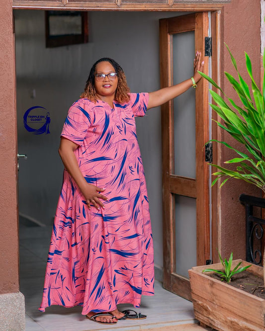 Chic Pink Maxi Dress with Navy Abstract Prints & Short Sleeves