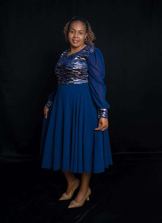 Elegant Navy Blue Dress with Metallic Brocade Bodice & Chiffon Sleeves