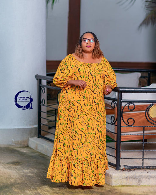 Vibrant Mustard-Yellow Maxi Dress with Abstract Prints, Long Sleeves & Ruffled Hem