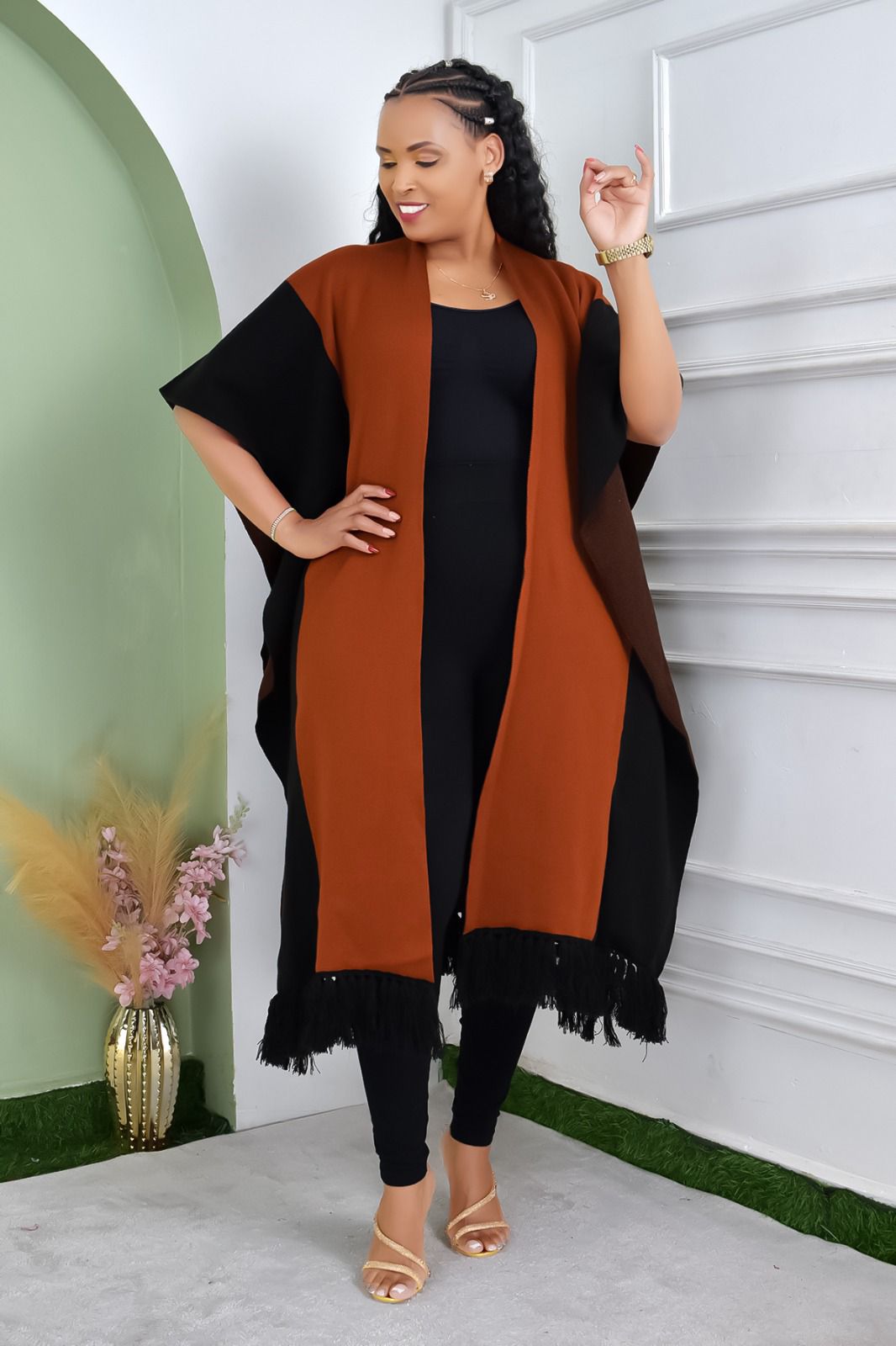 Brown & Black Open-Front Poncho with Tassel Hem