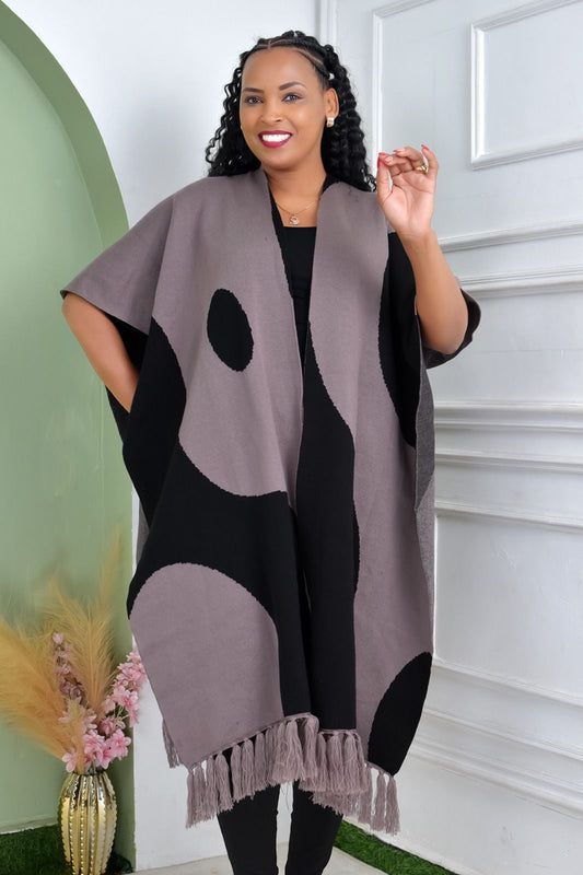 Grey & Black Patterned Poncho with Tassel Hem