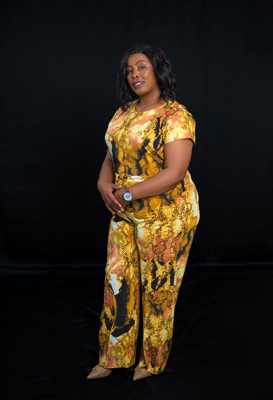 Elegant Abstract-Print Full-Length Jumpsuit with Belted Waist & Wide Legs