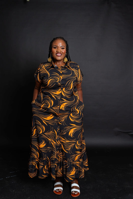 Stylish Black Maxi Shirt Dress with Orange Swirl Prints, Collar, Button-Down Front & Ruffled Hem