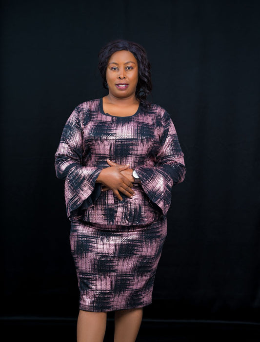 Chic Pink & Black Patterned Peplum Dress with Flared Sleeves