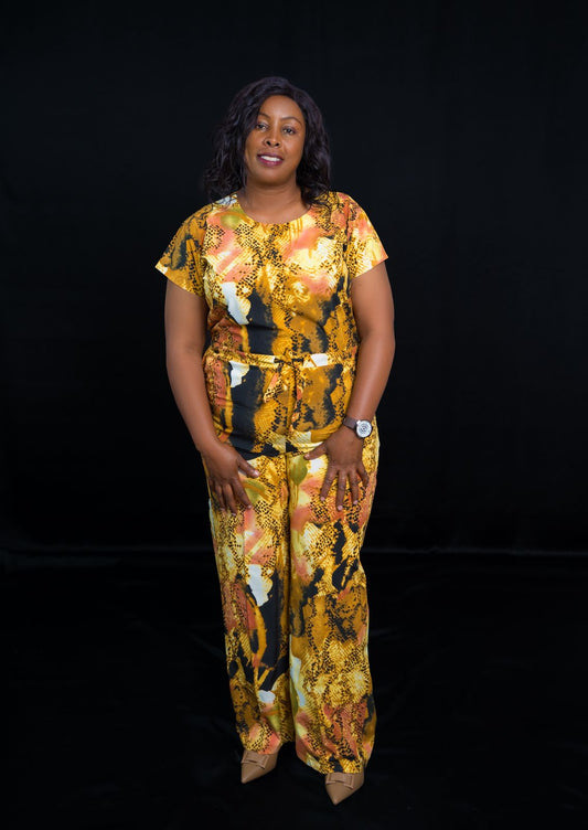 Elegant Abstract-Print Full-Length Jumpsuit with Belted Waist & Wide Legs