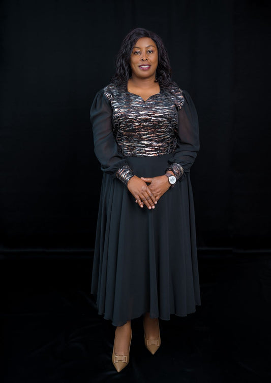 Elegant Black Dress with Metallic Brocade Bodice & Chiffon Sleeves