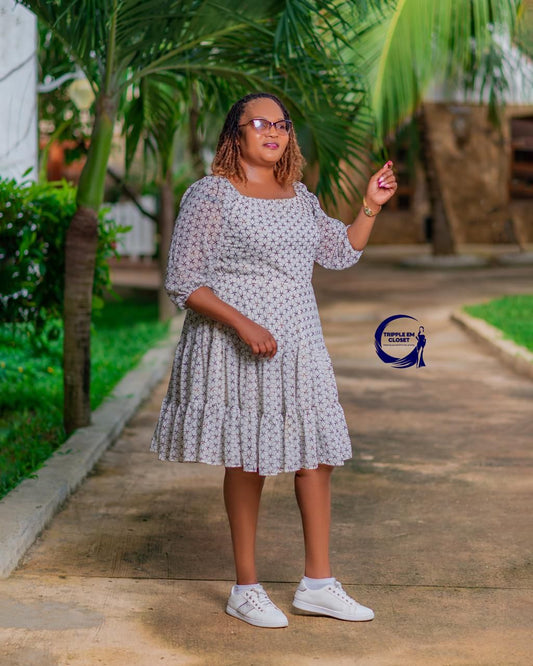 White & Black Off-Shoulder Short Dress with Flared Hem & Patterned Print