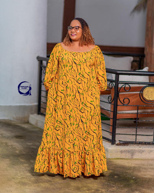 Vibrant Mustard-Yellow Maxi Dress with Abstract Prints, Long Sleeves & Ruffled Hem
