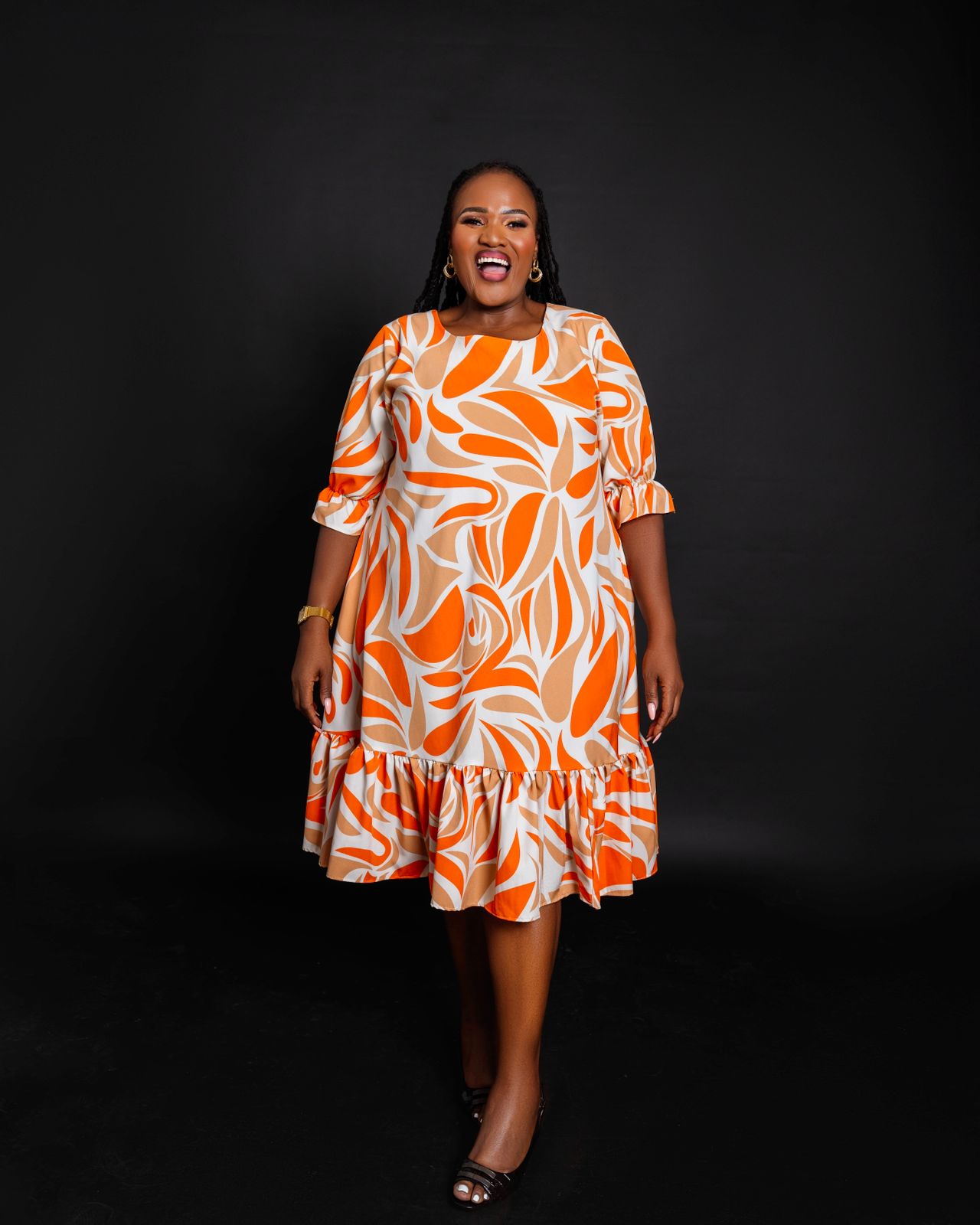Bright Orange & Beige Printed Short Dress with Half Sleeves & Ruffled Hem