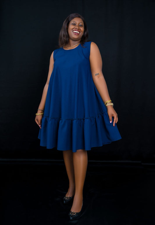 Chic Sleeveless Navy Blue Dress with Ruffled Hem
