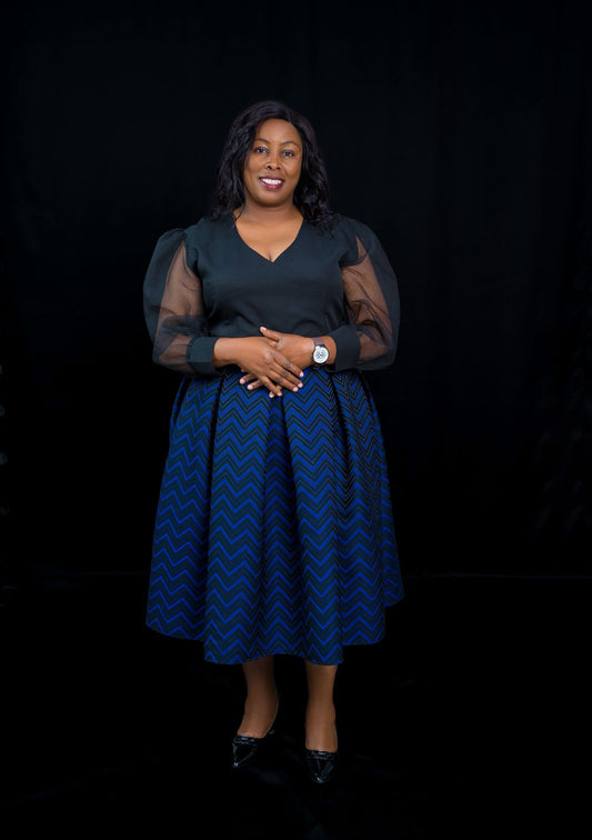 Elegant Black & Blue Dress with Sheer Top & Flared Zigzag Skirt
