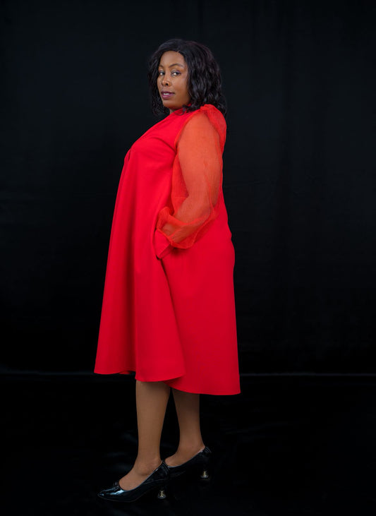 Elegant A-Line Red Dress with Sheer Sleeves & Side Pockets
