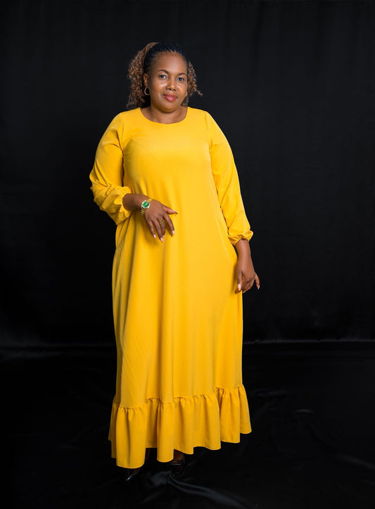 Mustard Yellow Maxi Dress with Long Sleeves & Ruffled Hem