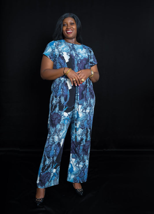 Trendy Blue Printed Short-Sleeve Jumpsuit with Belted Waist
