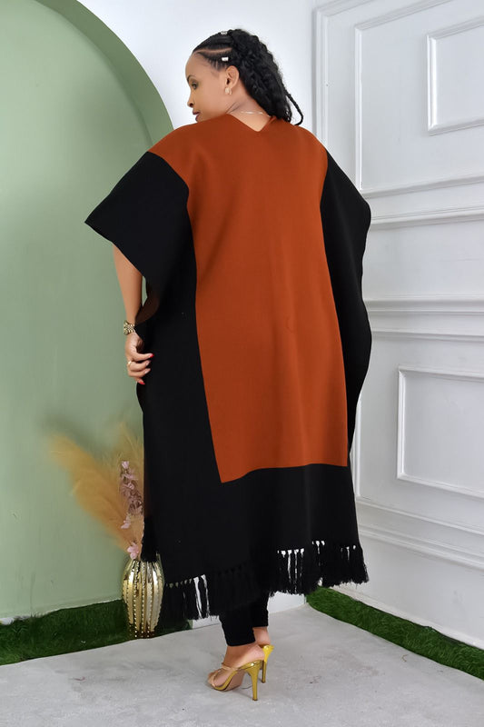 Brown & Black Open-Front Poncho with Tassel Hem