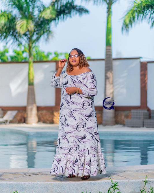 Elegant Off-Shoulder Maxi Dress with Flowing Ruffle Hem & Chic Swirl Print