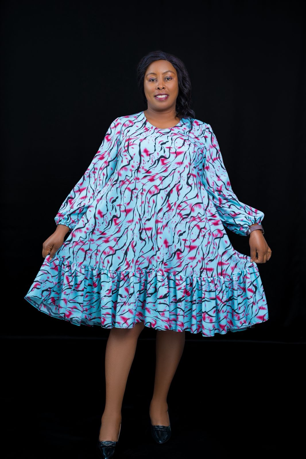 Blue Ruffle Dress with Long Sleeves & Pink and Black Abstract Prints