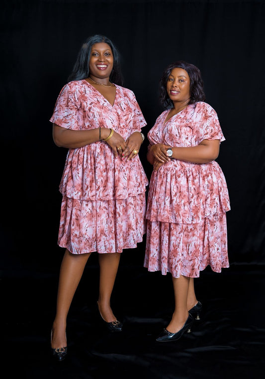 Pink Floral Layered Midi Dress with V-Neck & Tiered Design